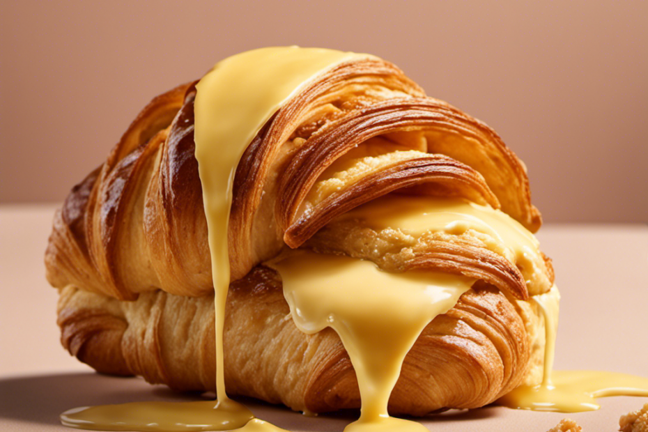 An image showcasing a freshly baked croissant splayed open, revealing its golden, flaky layers