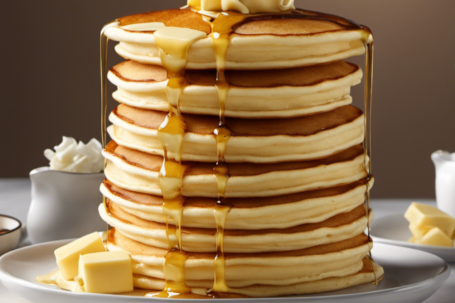 An image showcasing a perfectly measured cup of creamy, golden butter, exuding a rich aroma, melting slowly over a piping hot stack of fluffy pancakes, inviting readers to explore the calorie content of this delectable ingredient