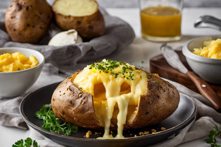 An image of a steaming large baked potato, golden and crispy on the outside, split open to reveal a fluffy interior