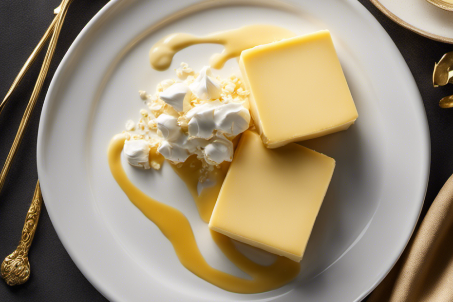 An image featuring a pad of butter on a sleek white plate, glistening with golden hues