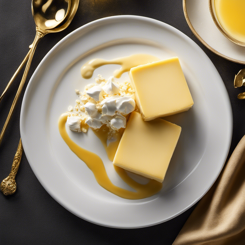 An image featuring a pad of butter on a sleek white plate, glistening with golden hues