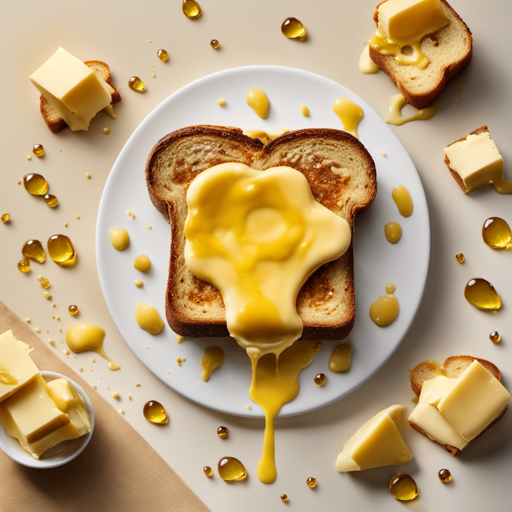 An image that showcases a pat of butter melting on a hot piece of toast, with droplets of golden liquid forming and oozing down the sides, evoking the rich and creamy indulgence of this everyday ingredient