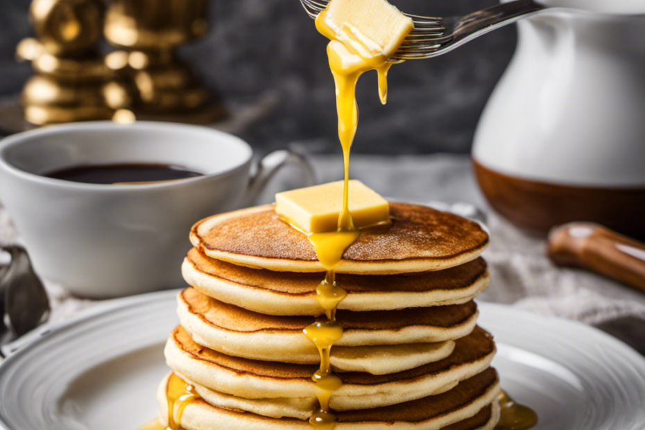 An image that showcases a pat of creamy butter melting on top of a golden pancake stack, with a measuring tape wrapped around it, capturing the essence of "How Many Calories in a Stick of Butter" for your blog post