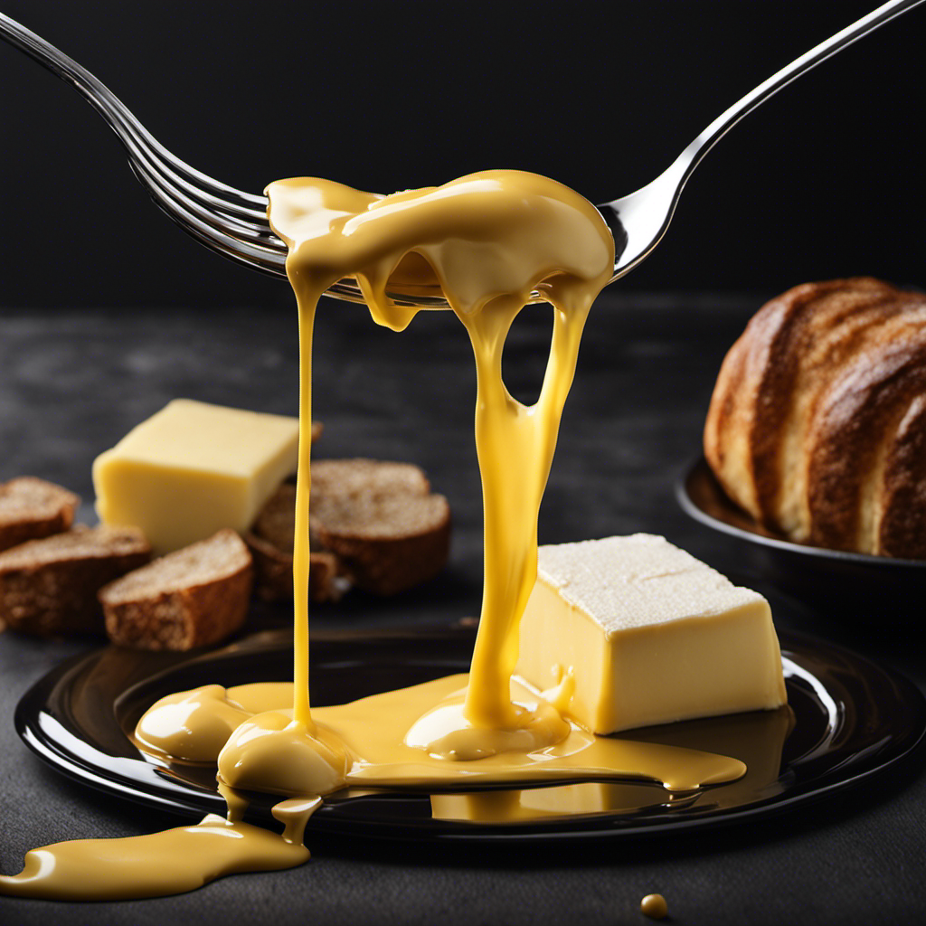 An image showcasing a tablespoon of butter, melted and dripping, with its rich golden color contrasting against a dark background, evoking a sense of indulgence and tempting the taste buds
