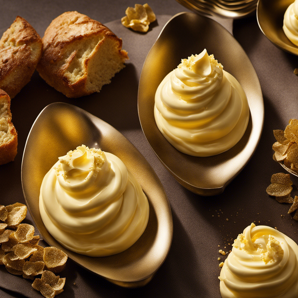 An image showcasing a tablespoon filled with creamy golden butter, glistening under warm light