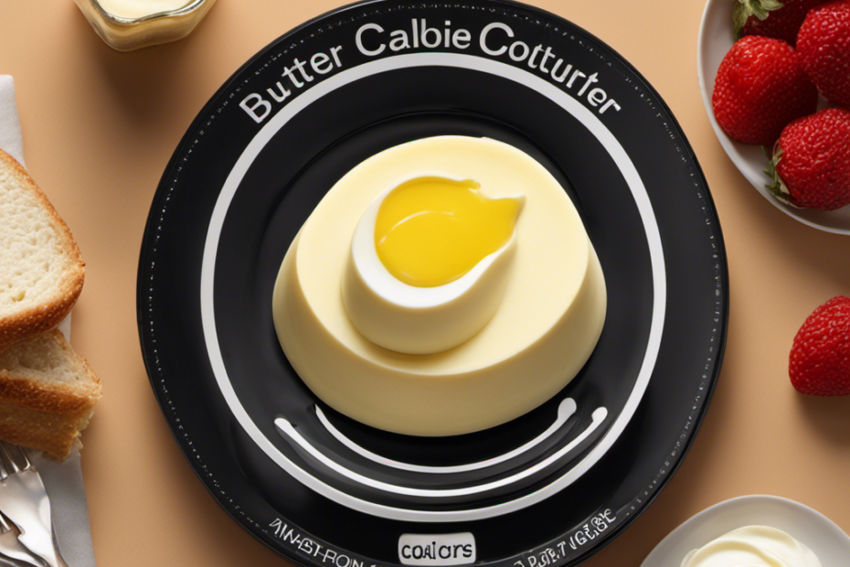 An image showcasing a single teaspoon of butter, melted and glistening, surrounded by a digital calorie counter displaying the exact number of calories it contains