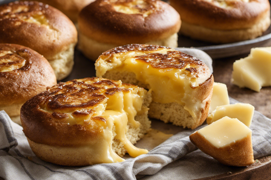 An image of a golden-brown English muffin, perfectly split, with a generous layer of melted butter slowly oozing over its nooks and crannies