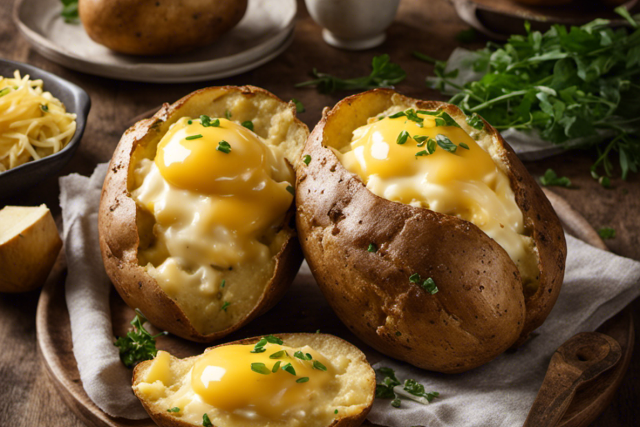 An image that showcases a perfectly baked potato, its golden skin glistening, steam rising from its fluffy interior, as a dollop of creamy butter melts deliciously on top, inviting readers to discover the calorie count