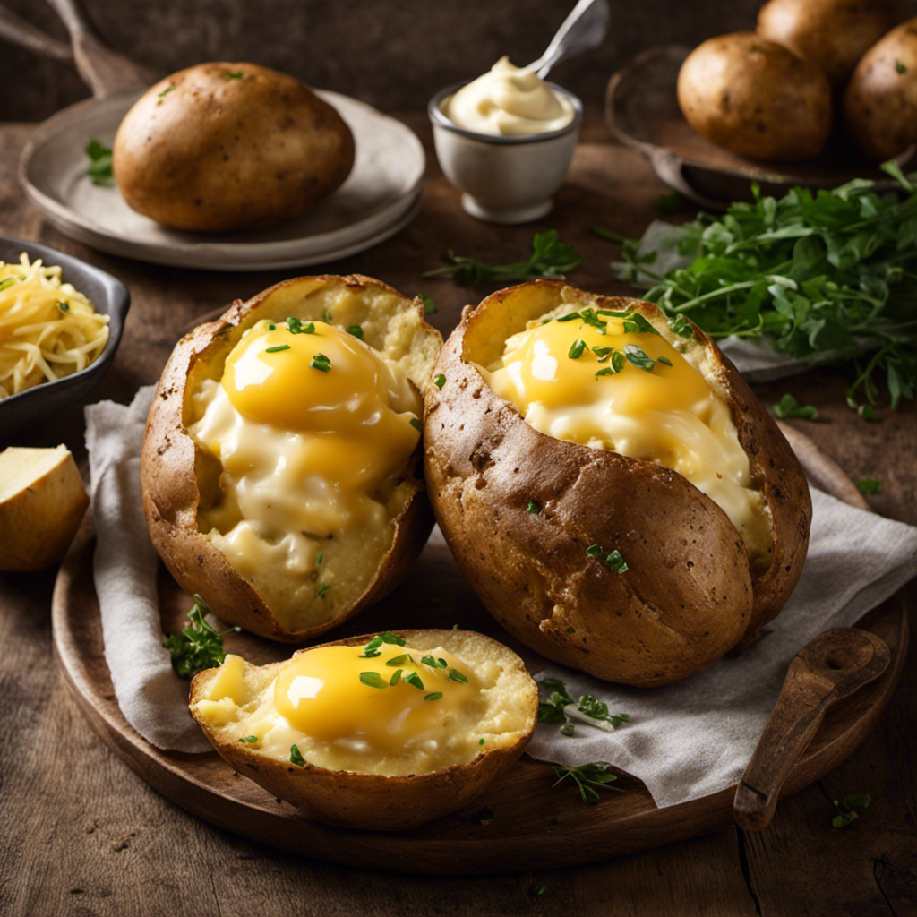 An image that showcases a perfectly baked potato, its golden skin glistening, steam rising from its fluffy interior, as a dollop of creamy butter melts deliciously on top, inviting readers to discover the calorie count
