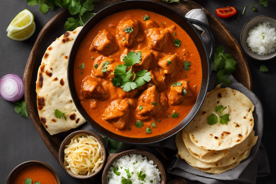 An image showcasing a vibrant plate of creamy butter chicken, its succulent chunks of tender chicken bathed in a rich, aromatic tomato and butter gravy, garnished with fresh cilantro leaves