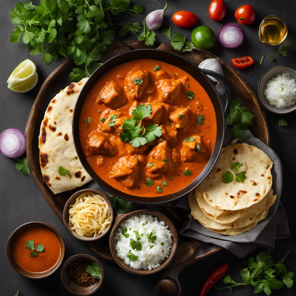 An image showcasing a vibrant plate of creamy butter chicken, its succulent chunks of tender chicken bathed in a rich, aromatic tomato and butter gravy, garnished with fresh cilantro leaves