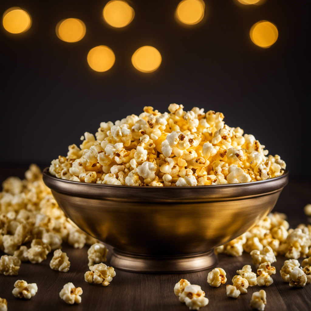A captivating image of a heaping bowl of butter popcorn, glistening under warm lighting