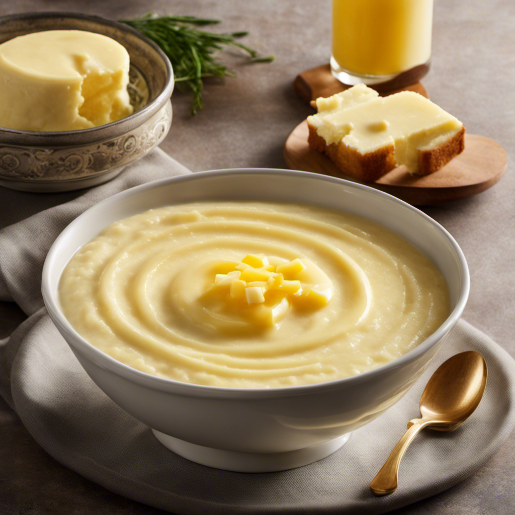 An image showcasing a steaming bowl of creamy grits generously topped with a dollop of melted butter