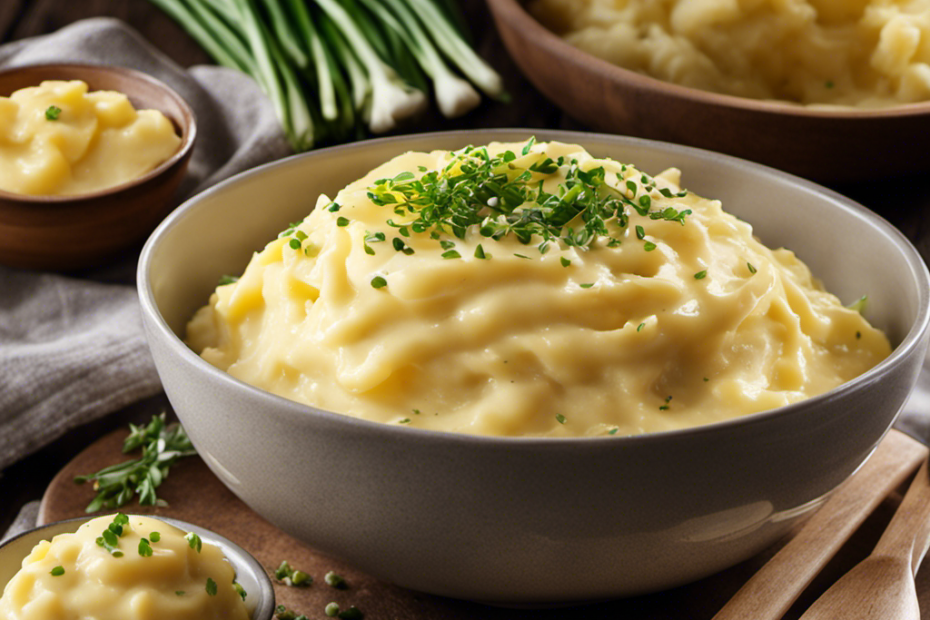 An image showcasing a bowl of creamy, golden mashed potatoes topped with a generous dollop of melted butter