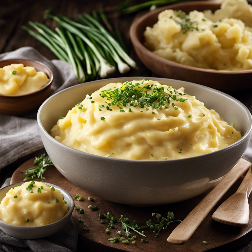 An image showcasing a bowl of creamy, golden mashed potatoes topped with a generous dollop of melted butter