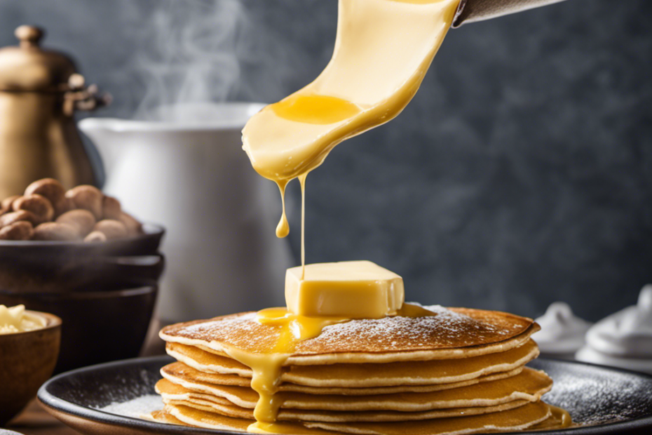 An image depicting a golden pat of butter melting over a steaming pancake, showcasing its rich texture and inviting aroma, to accompany a blog post about the caloric content of one pat of butter