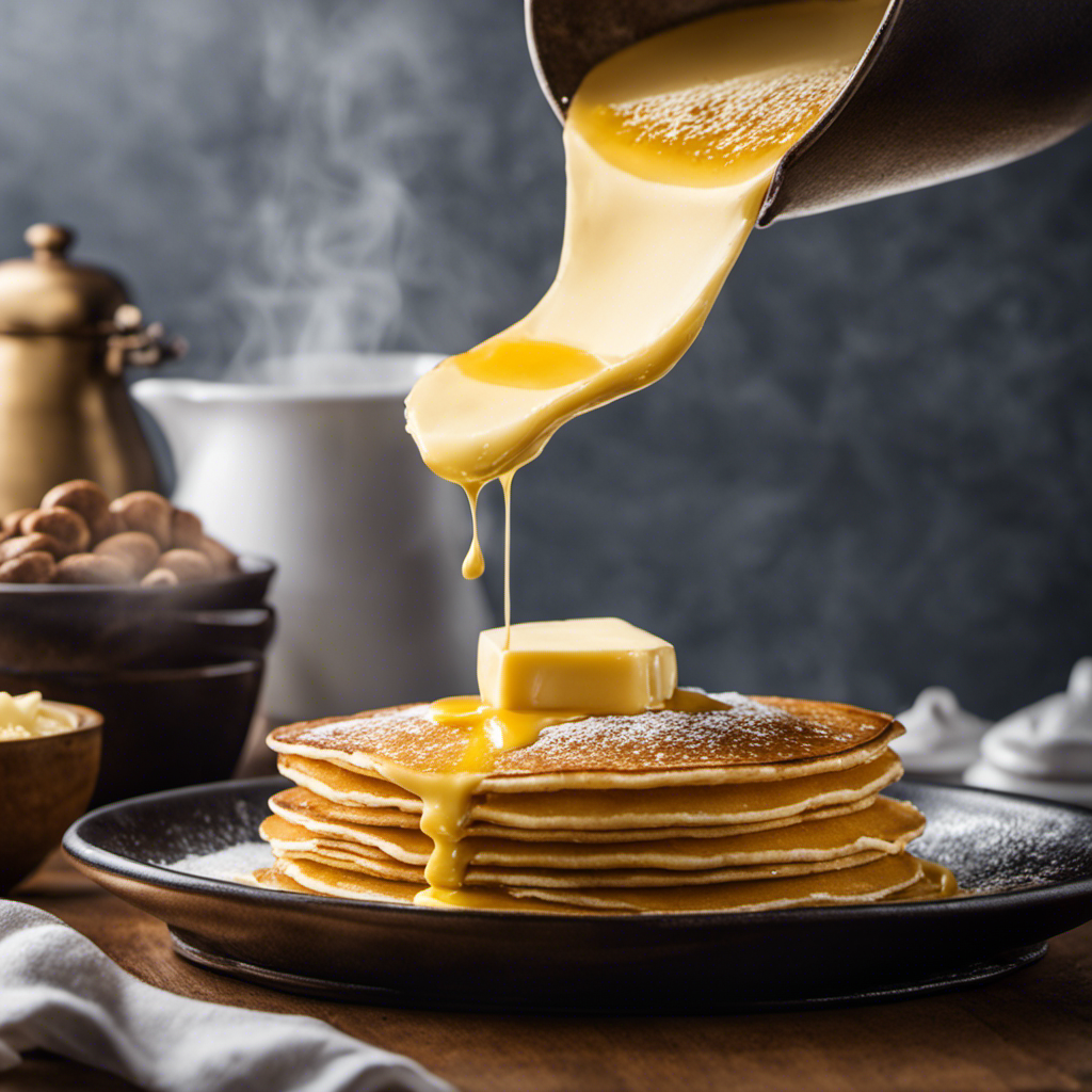 An image depicting a golden pat of butter melting over a steaming pancake, showcasing its rich texture and inviting aroma, to accompany a blog post about the caloric content of one pat of butter