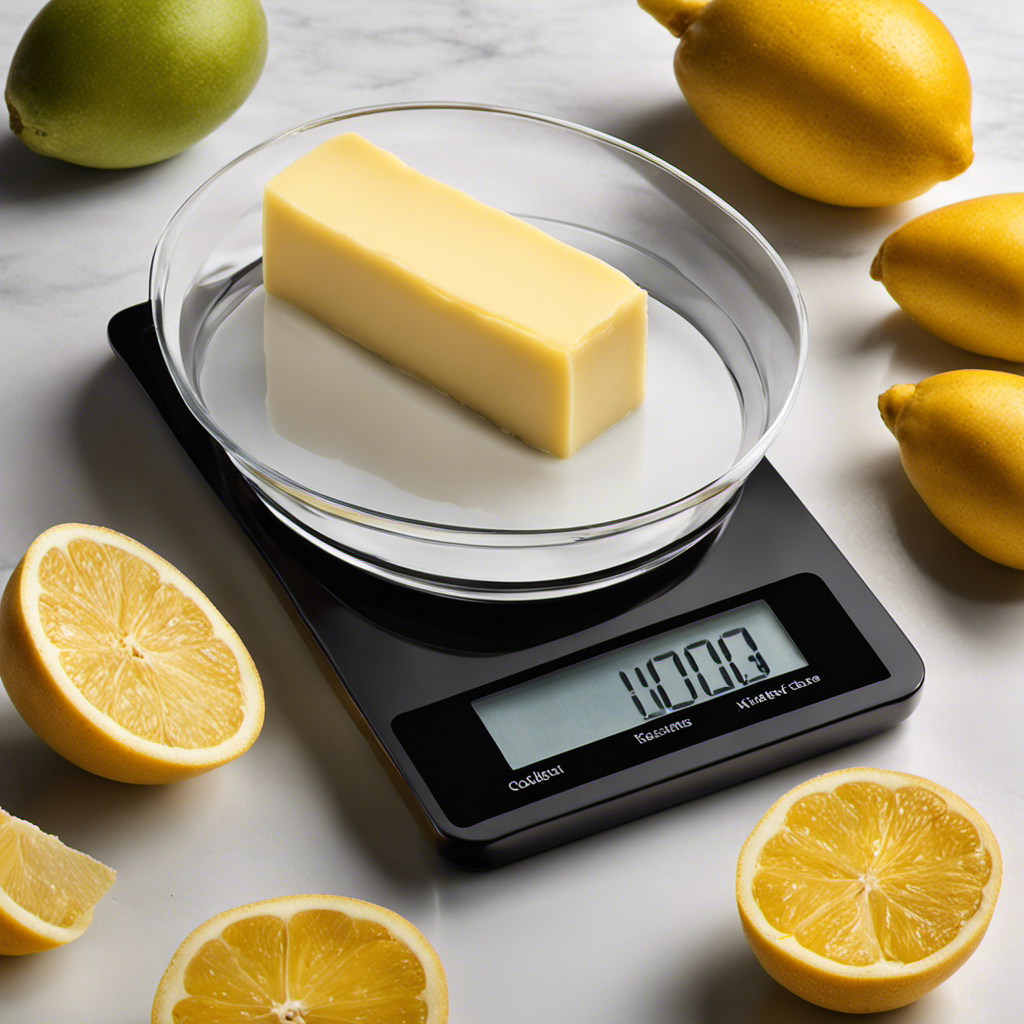 An image showcasing a stick of butter cut into thin, translucent slices, artfully arranged atop a digital kitchen scale