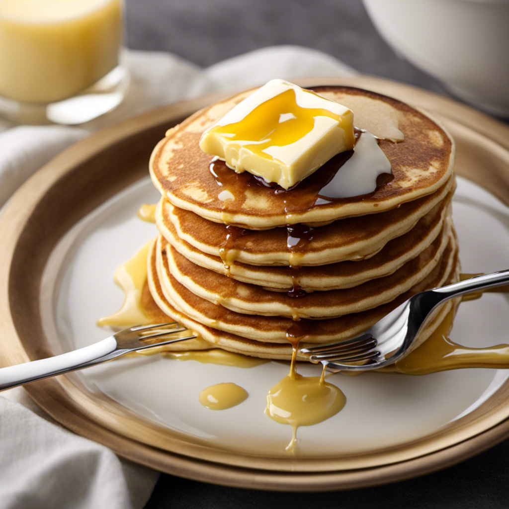 An image showcasing a tablespoon of butter, melted and drizzled over a stack of golden pancakes, with a calorie counter in the background reflecting the exact caloric value