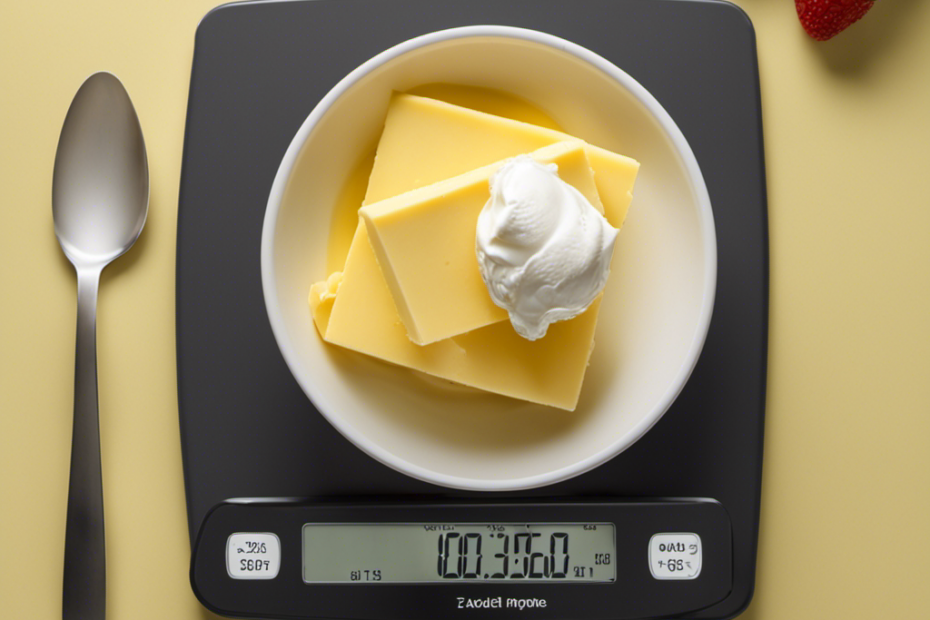An image showing a tablespoon of butter placed on a digital scale with the numerical display showing the exact calorie count