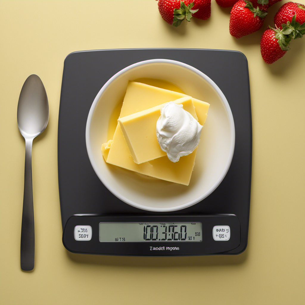 An image showing a tablespoon of butter placed on a digital scale with the numerical display showing the exact calorie count