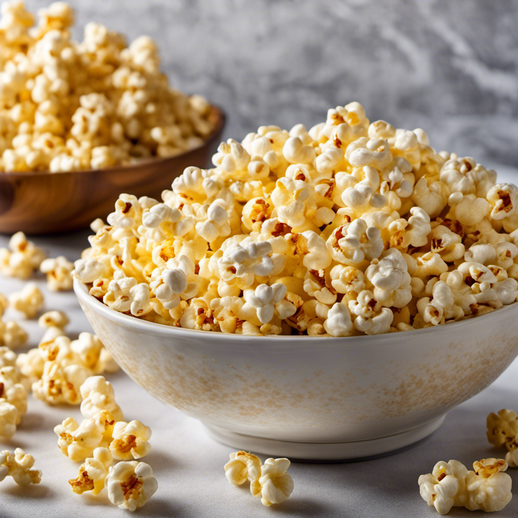 An image that showcases a bowl of freshly popped popcorn glistening with a generous layer of melted butter, capturing the golden hues of the kernels and the creamy richness of the topping