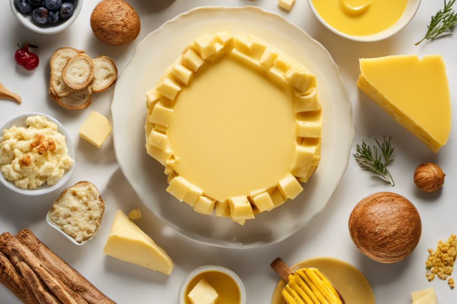 An image depicting a stick of butter surrounded by a variety of common food items, highlighting its rich yellow color and creamy texture