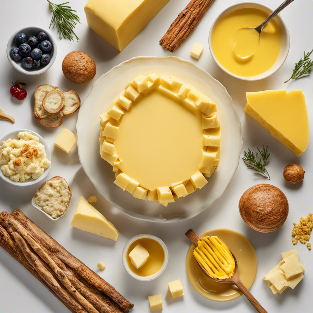 An image depicting a stick of butter surrounded by a variety of common food items, highlighting its rich yellow color and creamy texture