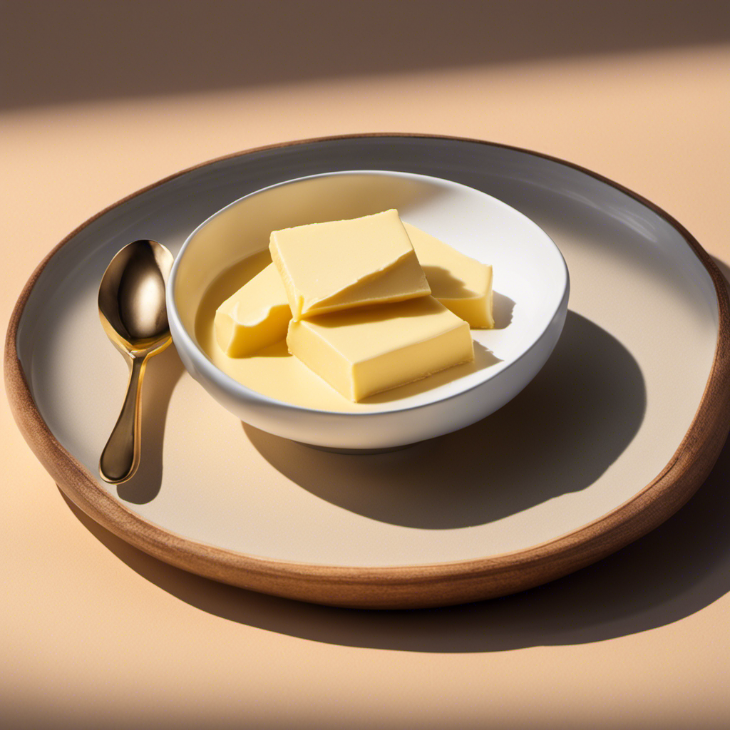 An image showcasing a perfectly measured tablespoon of butter, with its creamy texture and golden hue
