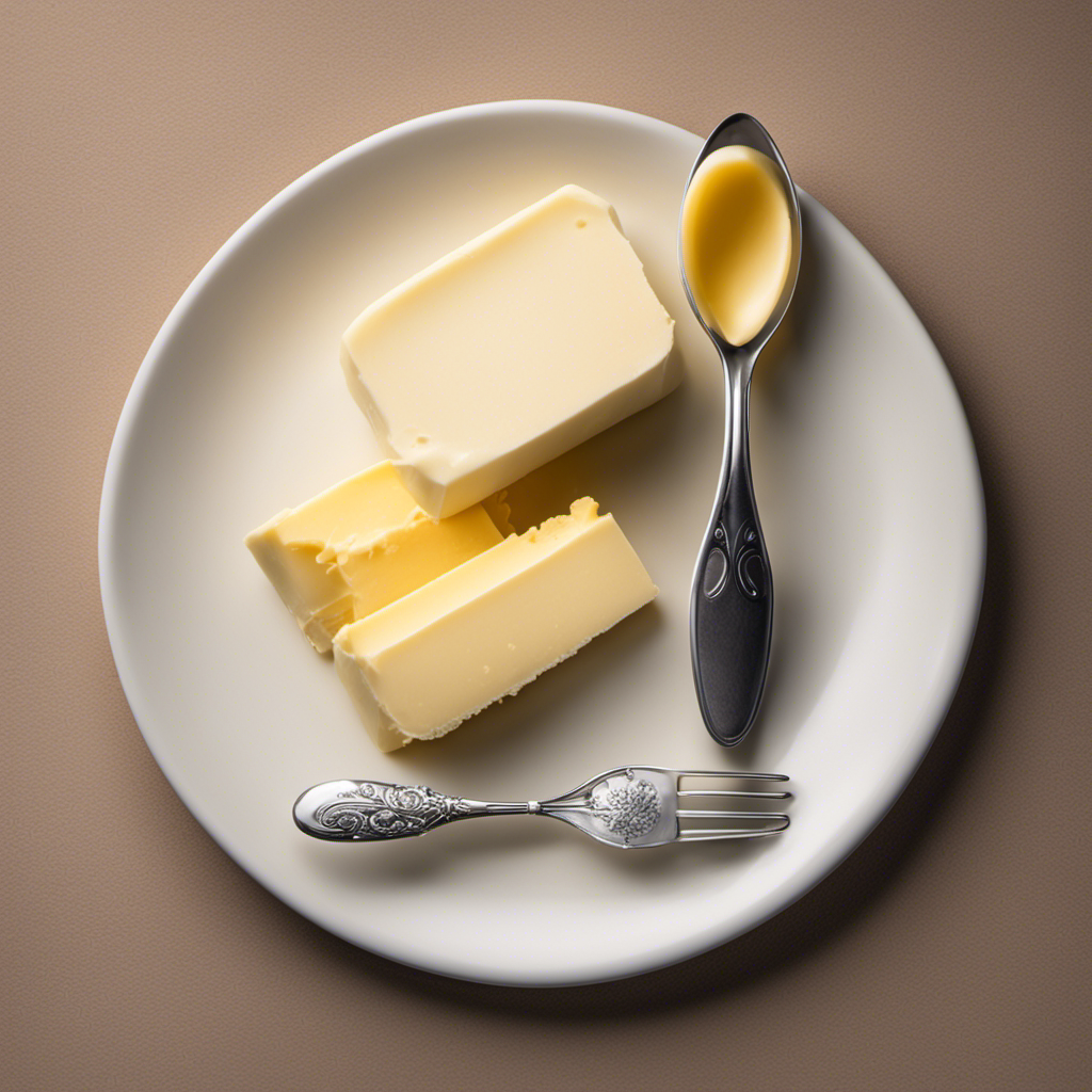 An image depicting a tablespoon of butter alongside a measuring spoon, a nutritional information label displaying the calorie count, and a small scale showing the weight in grams, all placed against a neutral backdrop