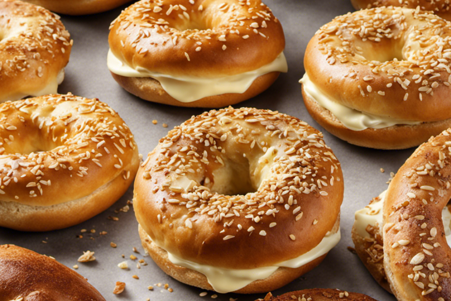 An image capturing a freshly toasted bagel, golden and crispy on the outside, oozing with rich, creamy butter