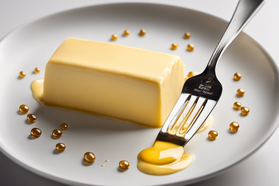 An image of a stick of butter on a white plate, half-melted, with golden droplets glistening in the light