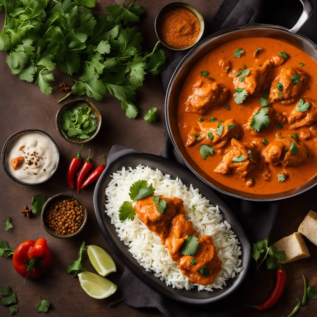 An image showcasing a delicious plate of butter chicken, with juicy chunks of tender chicken smothered in a creamy, aromatic tomato-based sauce, garnished with fragrant spices and fresh coriander leaves
