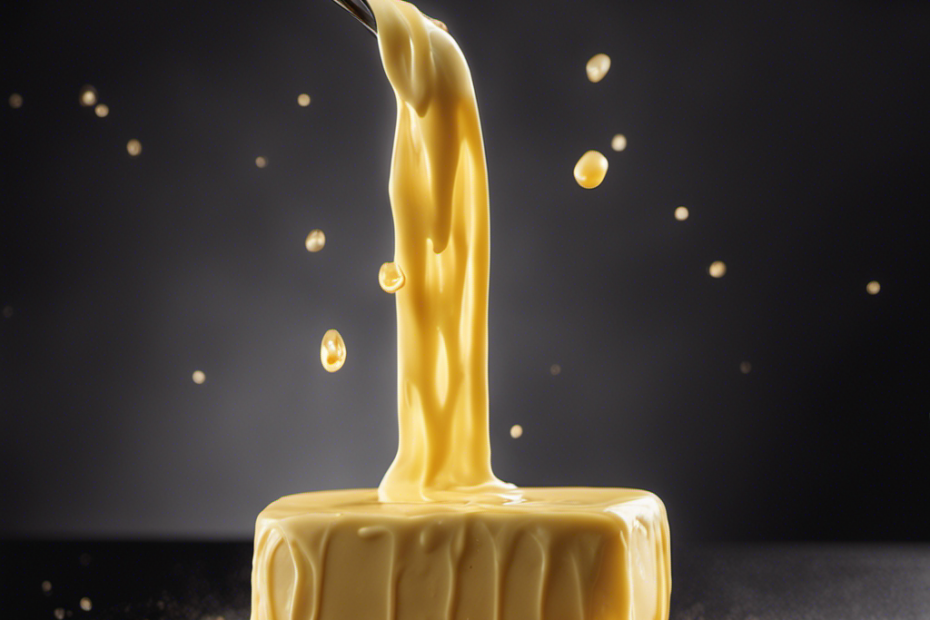 An image capturing a close-up view of a golden stick of butter, glistening under soft lighting, with droplets of melted butter sliding down its smooth surface, evoking its rich, calorie-laden essence