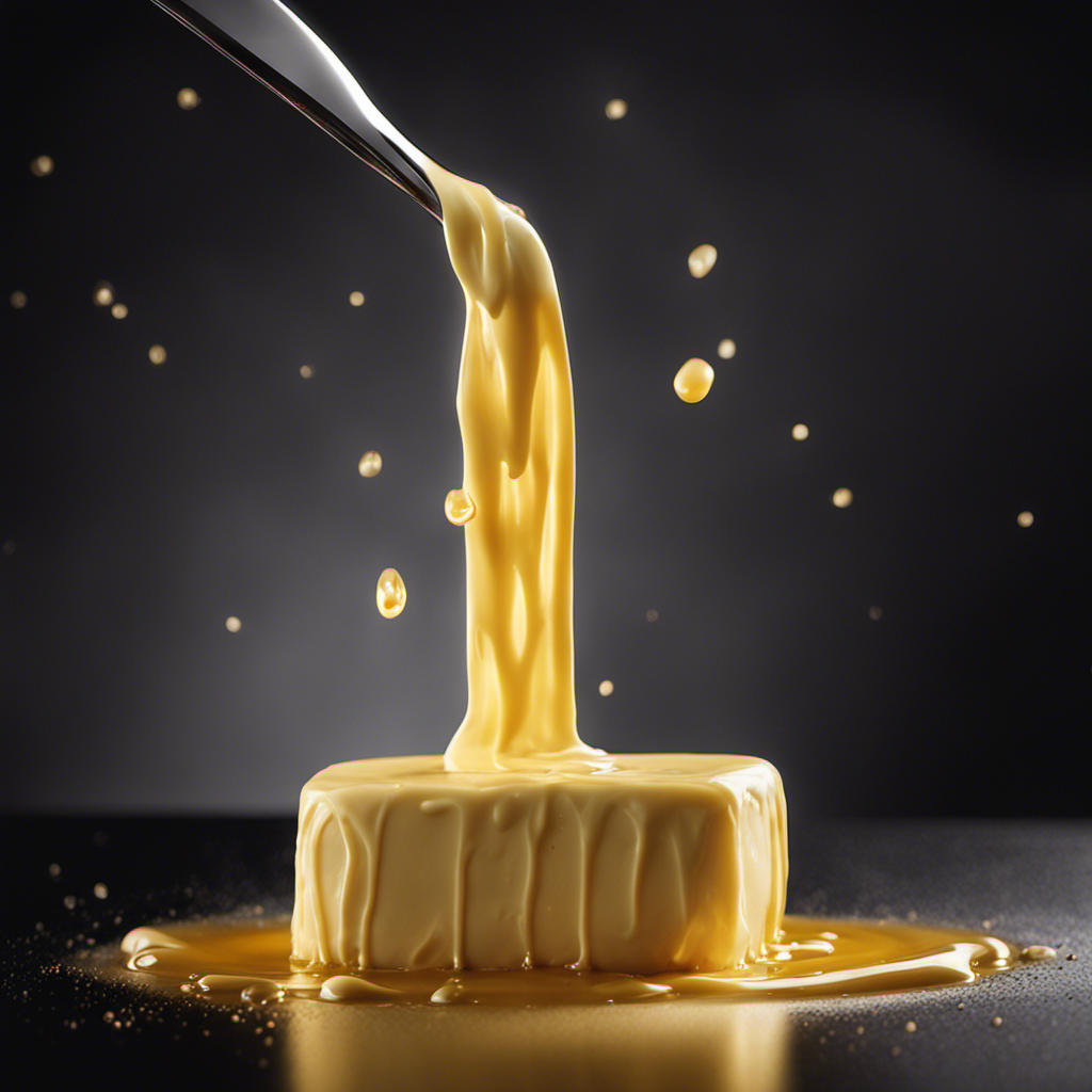 An image capturing a close-up view of a golden stick of butter, glistening under soft lighting, with droplets of melted butter sliding down its smooth surface, evoking its rich, calorie-laden essence