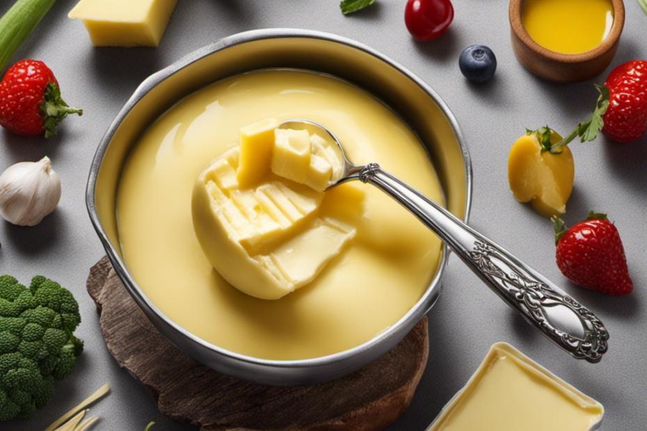 An image showcasing a stylish silver tablespoon of butter, perfectly melted and dripping, surrounded by a colorful array of fresh ingredients like bread, vegetables, and fruits, inviting readers to visualize the calorie content of a tablespoon of butter