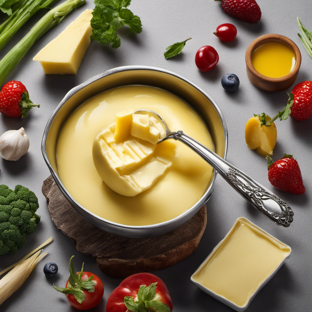 An image showcasing a stylish silver tablespoon of butter, perfectly melted and dripping, surrounded by a colorful array of fresh ingredients like bread, vegetables, and fruits, inviting readers to visualize the calorie content of a tablespoon of butter