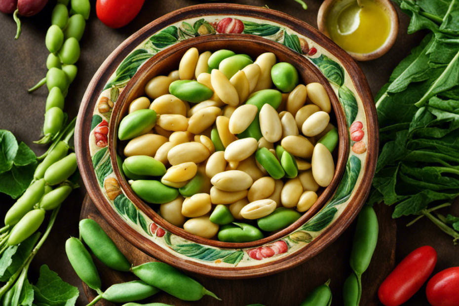 An image showcasing a colorful bowl filled with butter beans, their rich creamy texture contrasting with the vibrant green pods