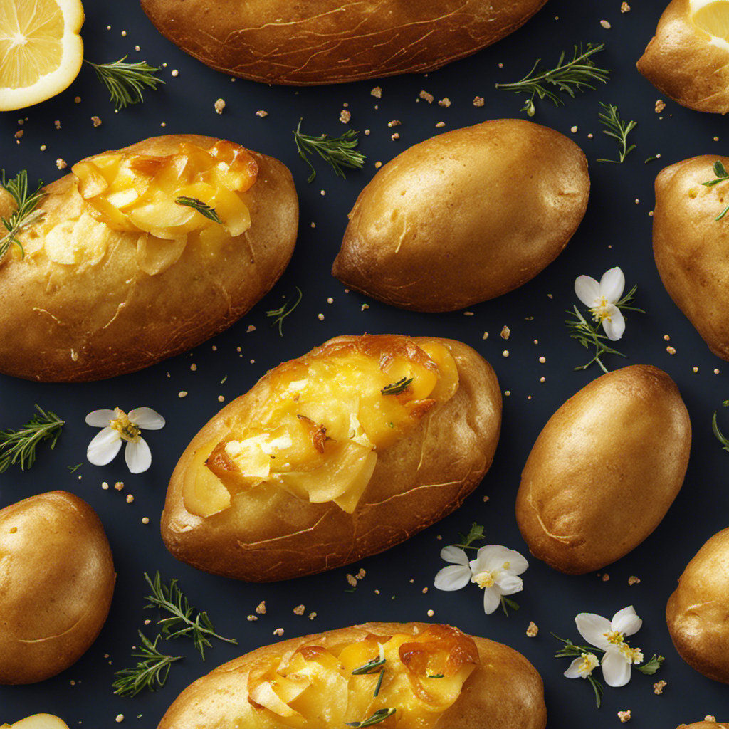 An image showcasing a deliciously golden baked potato, glistening with a generous dollop of melted butter