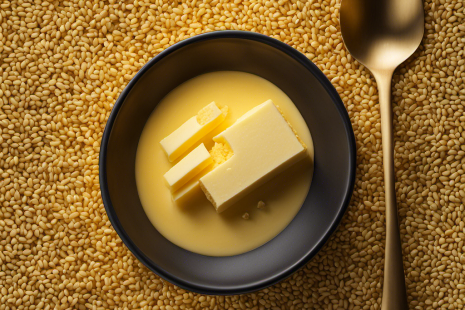 An image showcasing a golden tablespoon of butter, surrounded by a collection of tiny, meticulously counted grains representing the precise number of carbs it contains