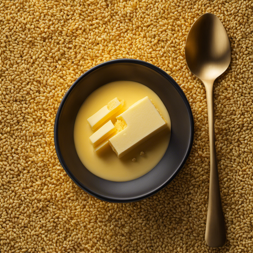 An image showcasing a golden tablespoon of butter, surrounded by a collection of tiny, meticulously counted grains representing the precise number of carbs it contains