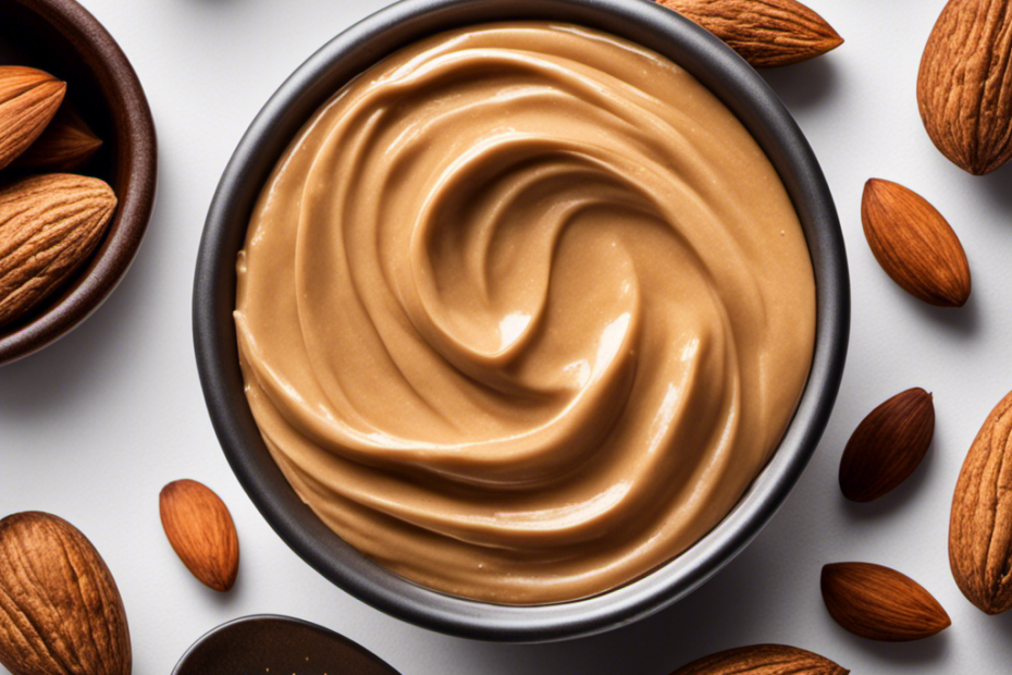 An image showcasing the nutritional value of almond butter, with a spoonful of creamy, golden almond butter in the center