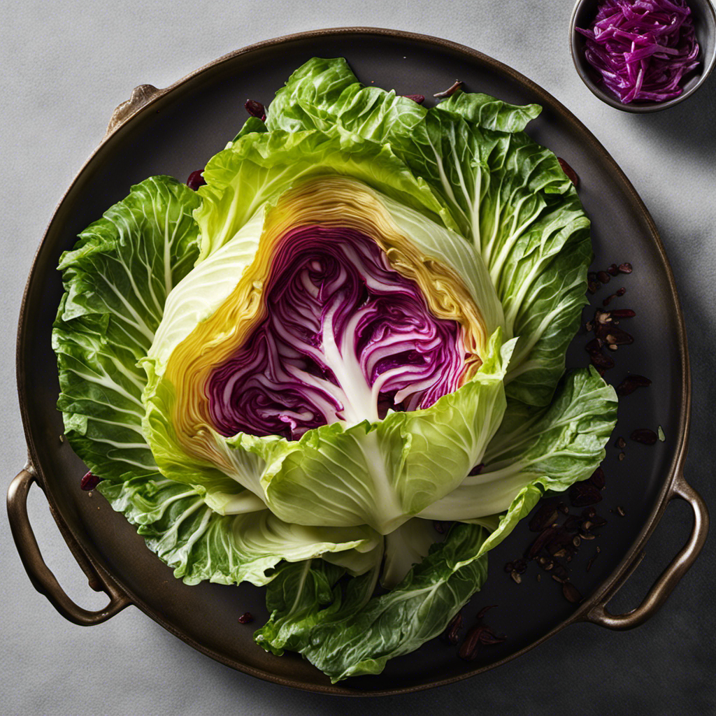 An image showcasing a vibrant, steaming cabbage dish cooked in a sizzling pool of golden butter