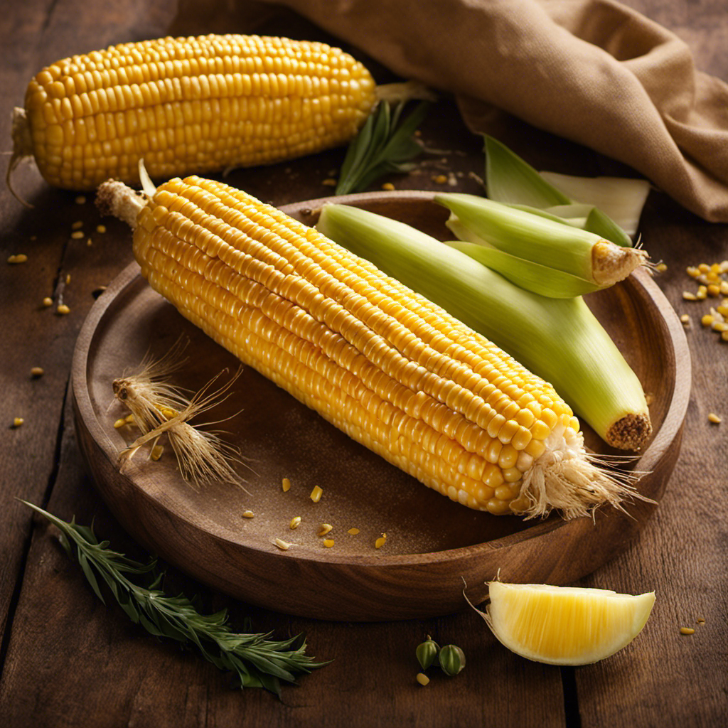 An image that showcases a golden ear of corn on the cob, glistening with melted butter
