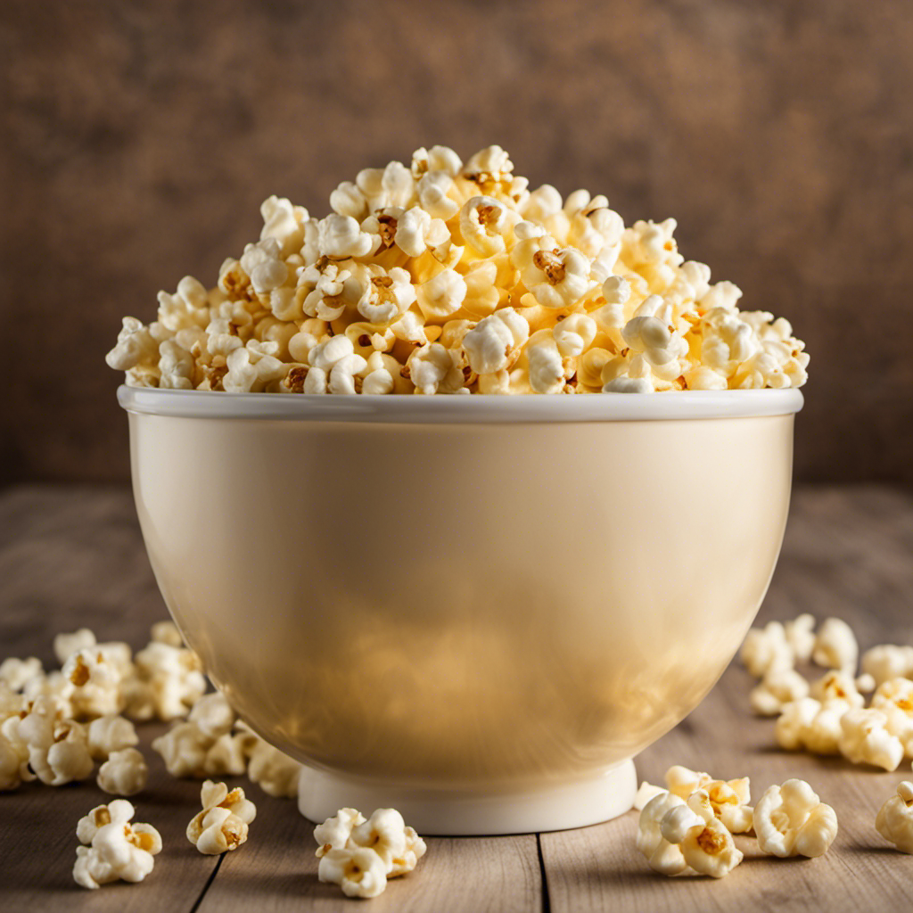 An image showcasing a bowl filled with freshly popped popcorn, drizzled with creamy butter