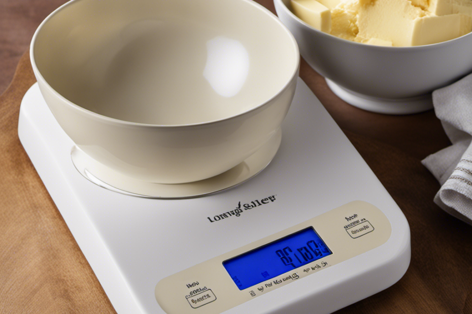 An image showcasing a pristine kitchen scale with a mound of creamy butter on one side, while a neat row of measuring cups, varying in sizes, is lined up on the other side