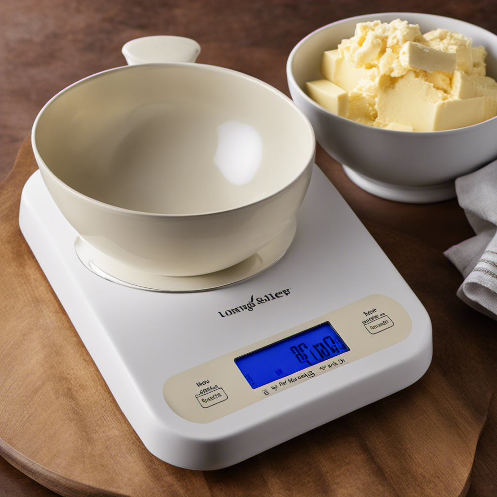 An image showcasing a pristine kitchen scale with a mound of creamy butter on one side, while a neat row of measuring cups, varying in sizes, is lined up on the other side