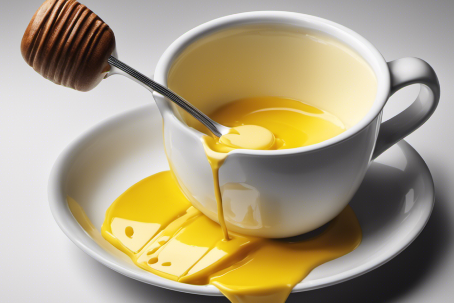 An image showcasing a stick of butter being transformed into cups, visually depicting the process of measuring, pouring, and filling cups with melted butter, highlighting the conversion from stick to cups