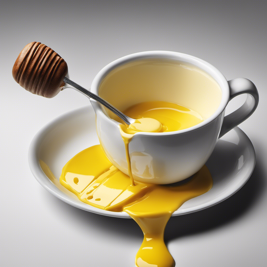An image showcasing a stick of butter being transformed into cups, visually depicting the process of measuring, pouring, and filling cups with melted butter, highlighting the conversion from stick to cups
