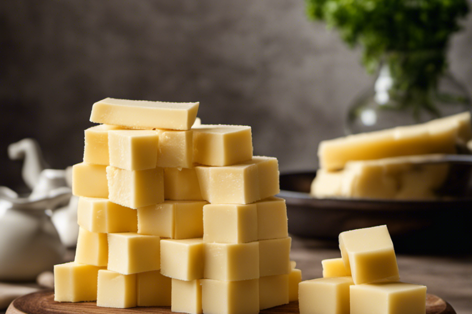 An image showcasing a stack of perfectly sliced butter cubes, each weighing 1/4 lb, neatly arranged on a vintage kitchen scale